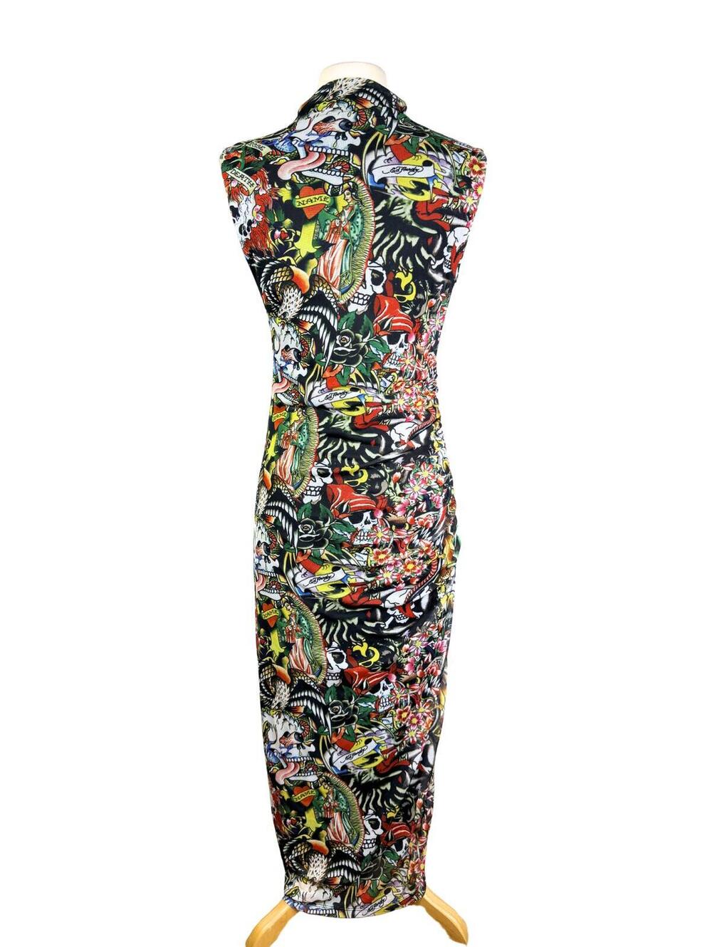 Ed Hardy Tattoo Print Ruched Maxi Dress Size M - Picture 4 of 8